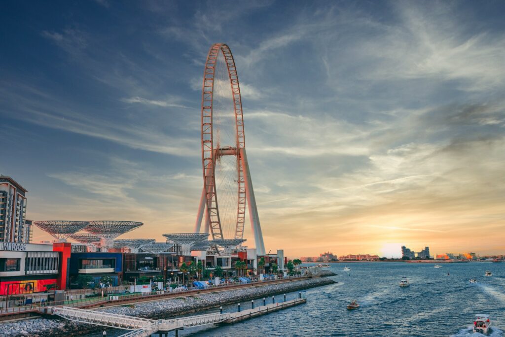 View of a huge Ferris wheel at Bluewaters island in Dubai